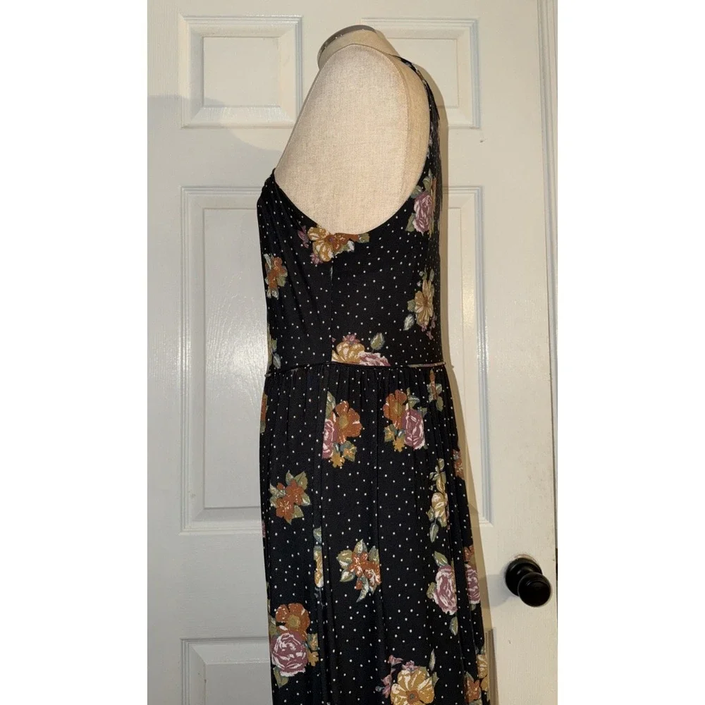 Free People Vintage Boho Black Floral Jersey Dress Slit Size L Large Maxi Halter